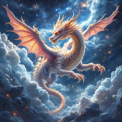 Primary subject: A dragon with a fierce expression, standing on a cloud.

Setting/background: The dragon is in a cloudy sky, surrounded by a starry background.

Visual style: The image is a digital artwork, featuring a detailed and vibrant dragon.

Colors and mood: The dragon is predominantly white, with orange accents on its head and tail. The overall atmosphere is dramatic and captivating.
